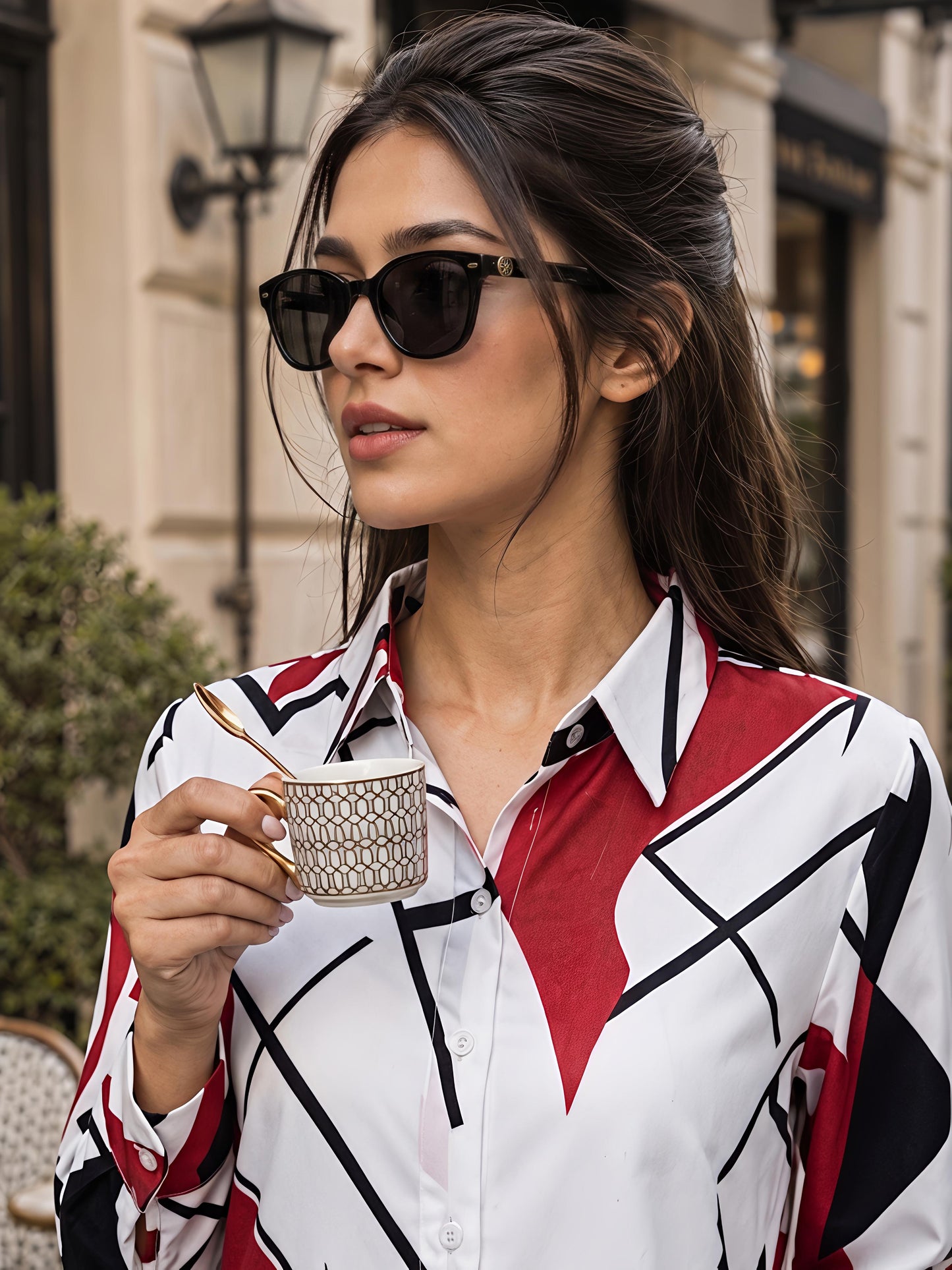 White Printed Geometric Floral Collared Button Down Shirt Women