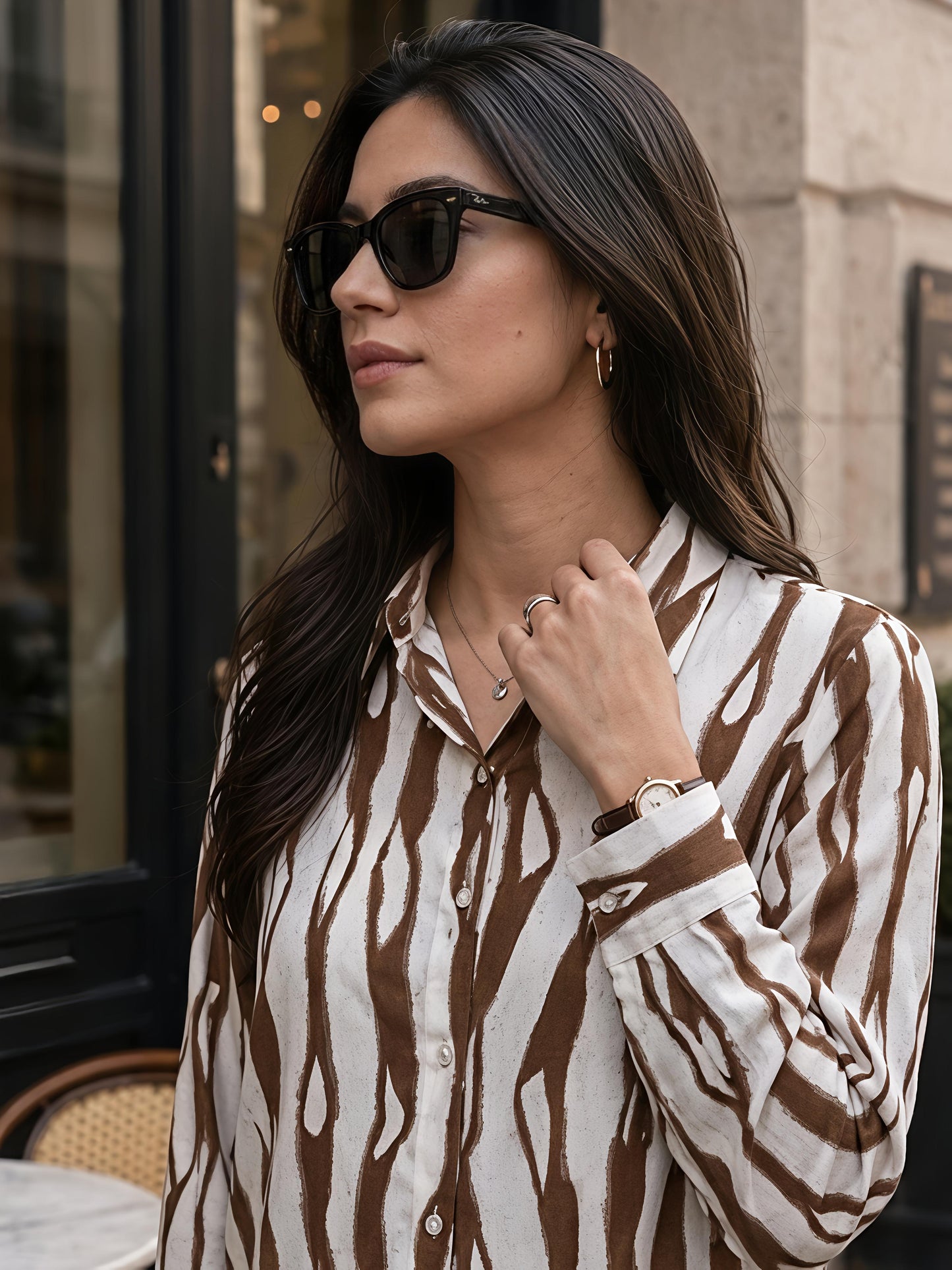 Brown Printed Geometric Floral Collared Button Down Shirt Women