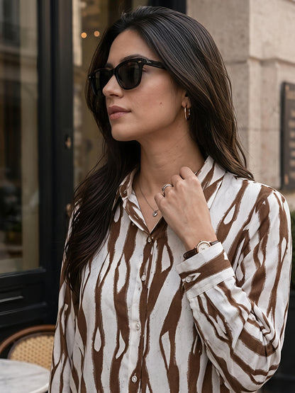 Brown Printed Geometric Floral Collared Button Down Shirt Women