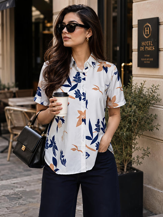 White Printed Geometric Floral Collared Button Down Shirt Women