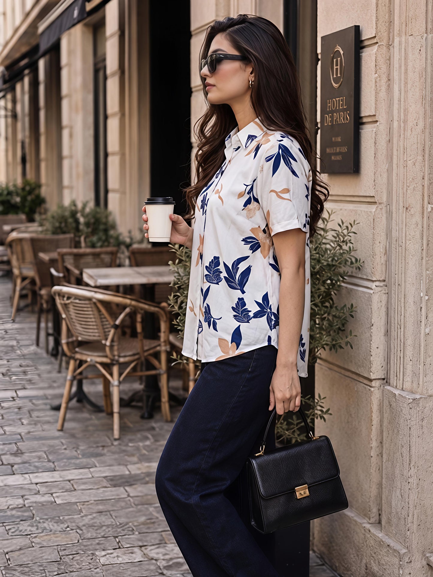 White Printed Geometric Floral Collared Button Down Shirt Women