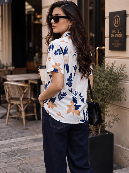 White Printed Geometric Floral Collared Button Down Shirt Women
