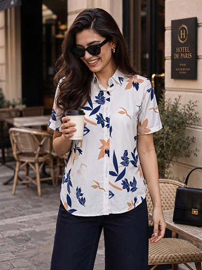 White Printed Geometric Floral Collared Button Down Shirt Women