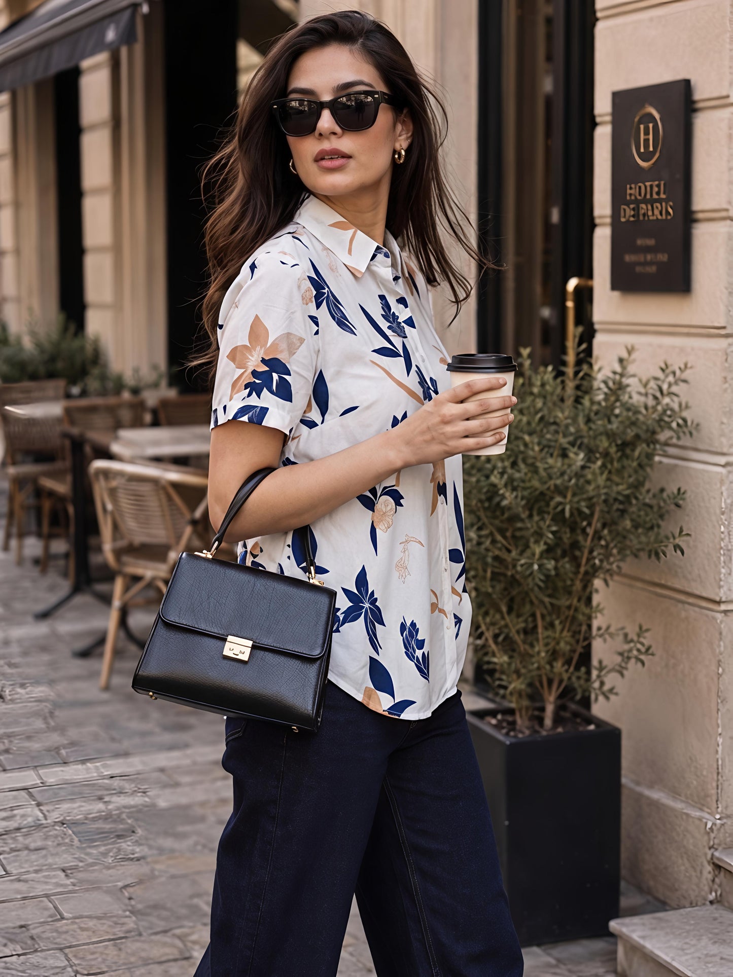 White Printed Geometric Floral Collared Button Down Shirt Women