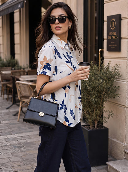 White Printed Geometric Floral Collared Button Down Shirt Women