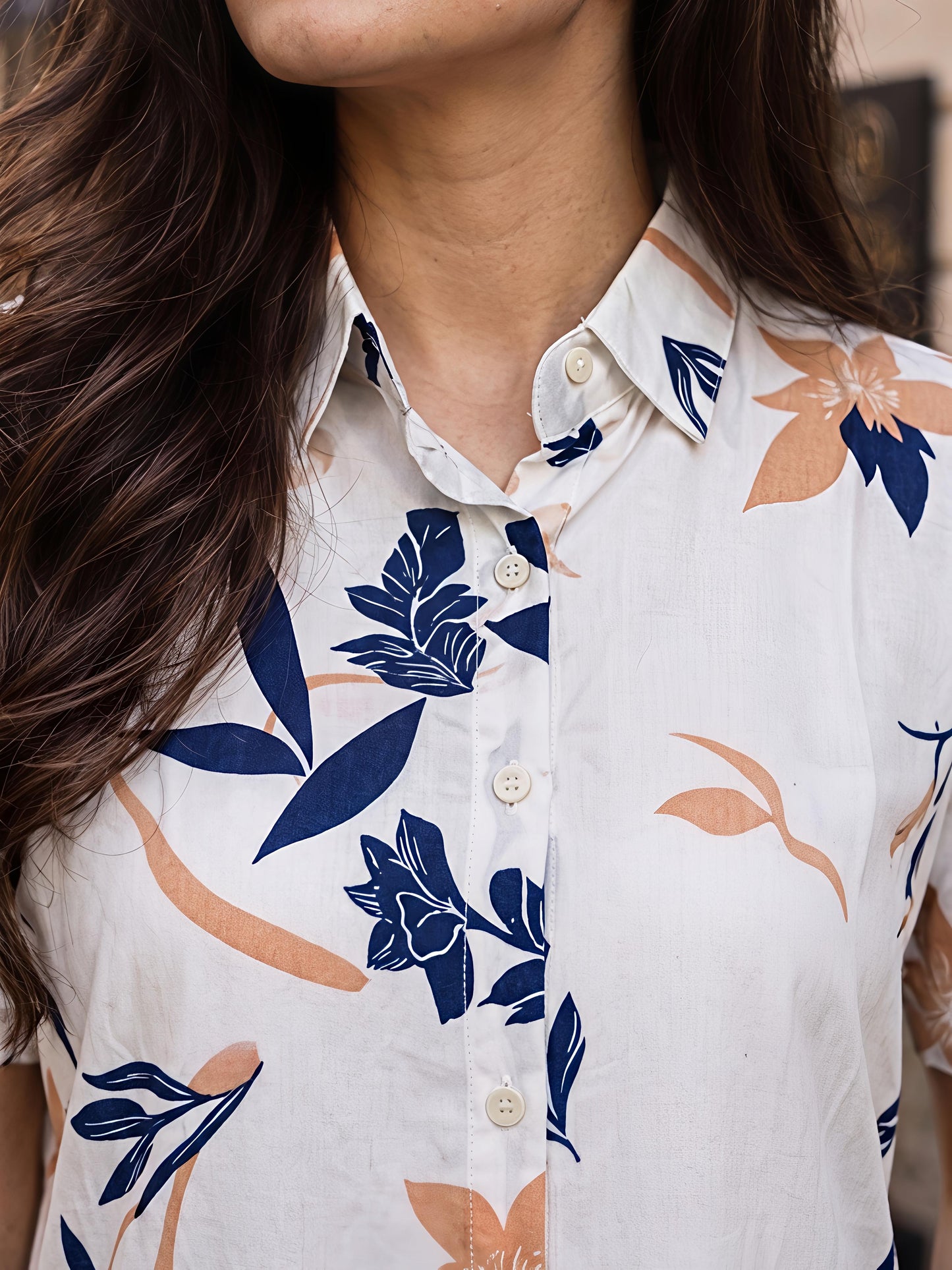 White Printed Geometric Floral Collared Button Down Shirt Women