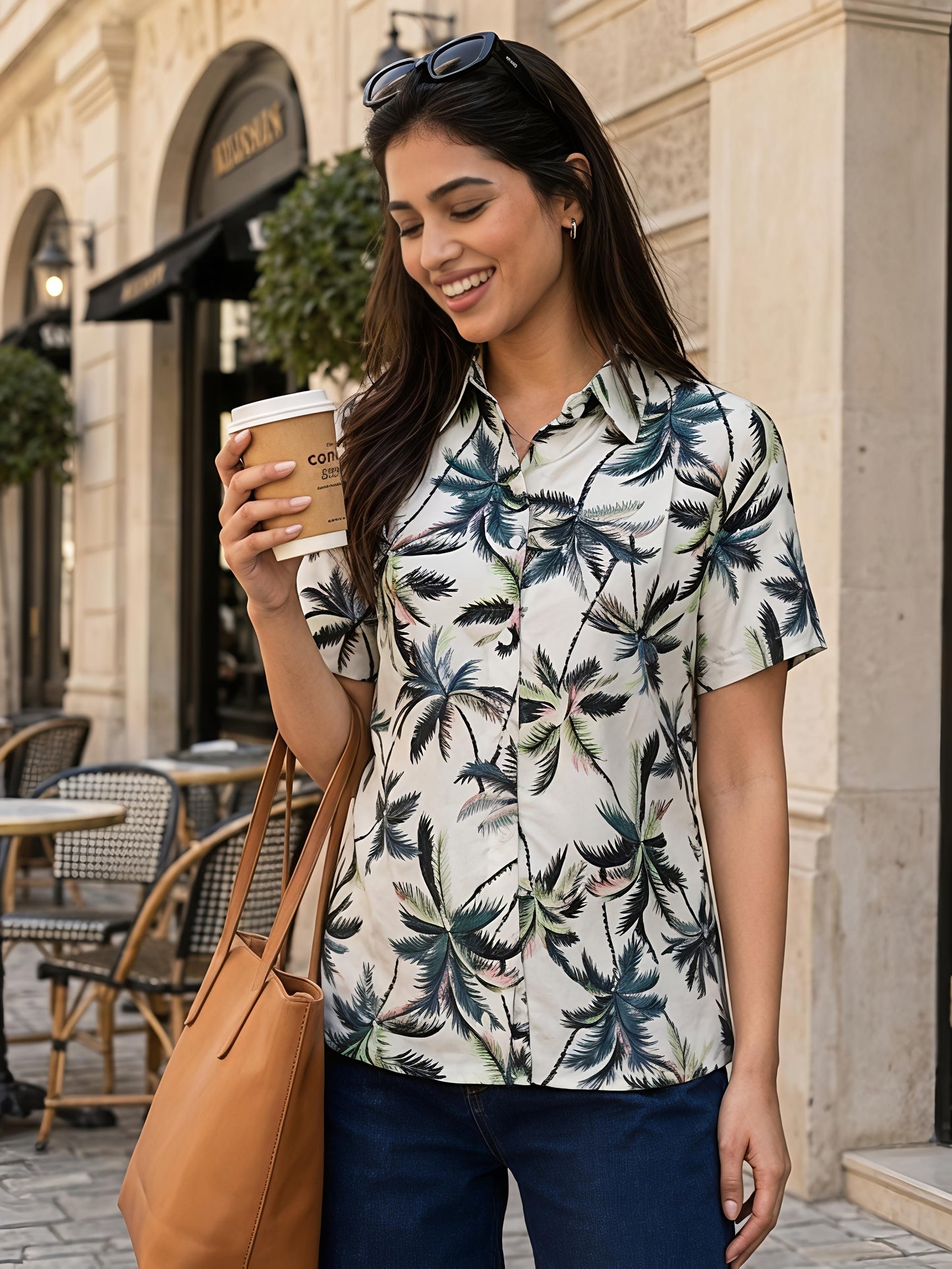 Tropical Printed Collar Neck Short Sleeve Casual Office Top