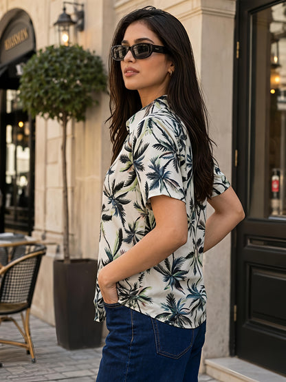 Tropical Printed Collar Neck Short Sleeve Casual Office Top