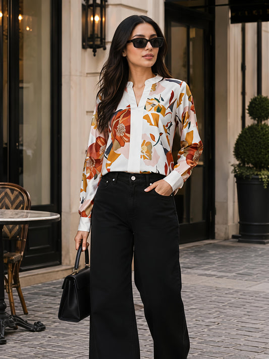White Floral Printed V Neck Long Sleeve Casual Office Top