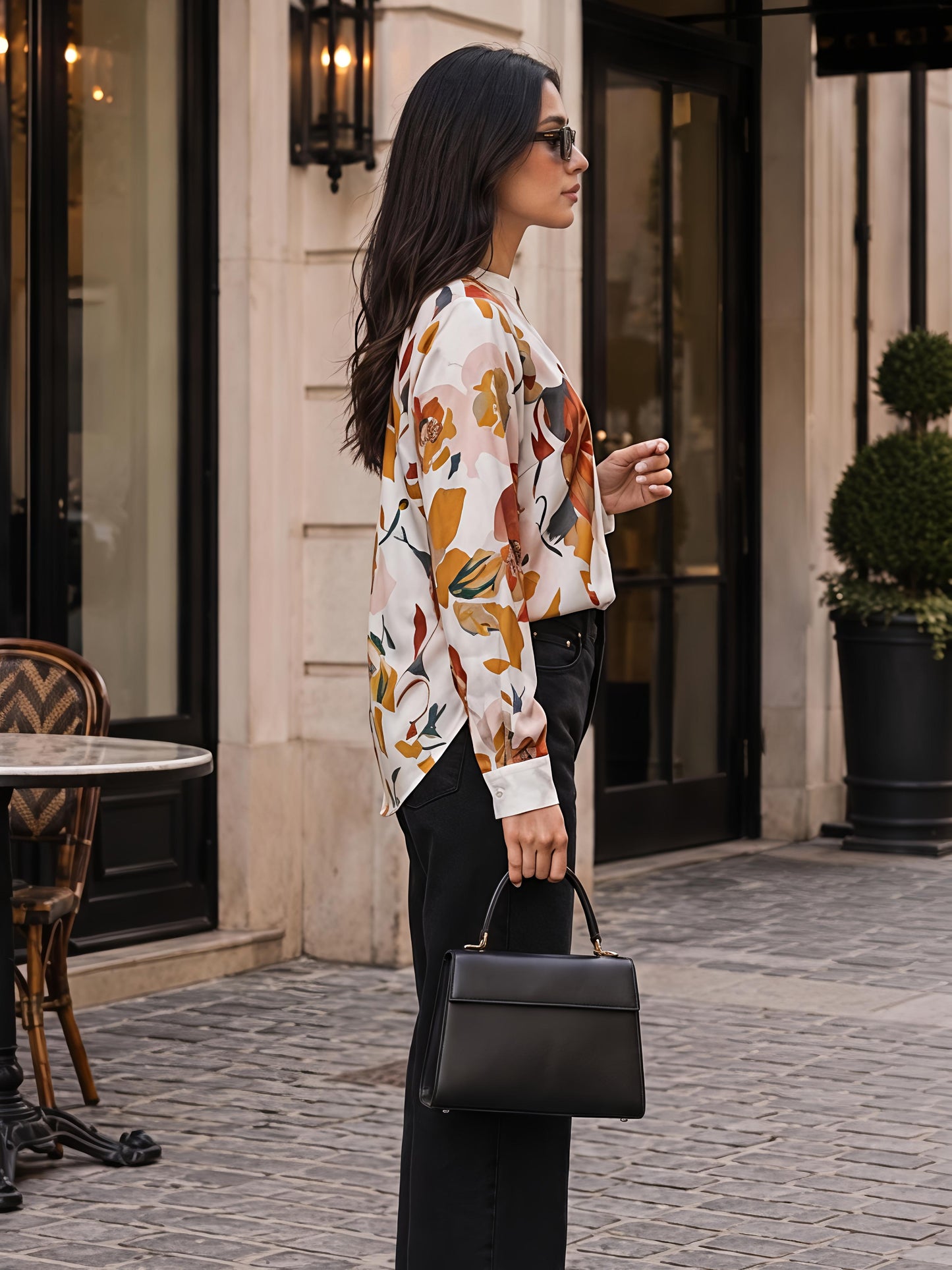 White Floral Printed V Neck Long Sleeve Casual Office Top