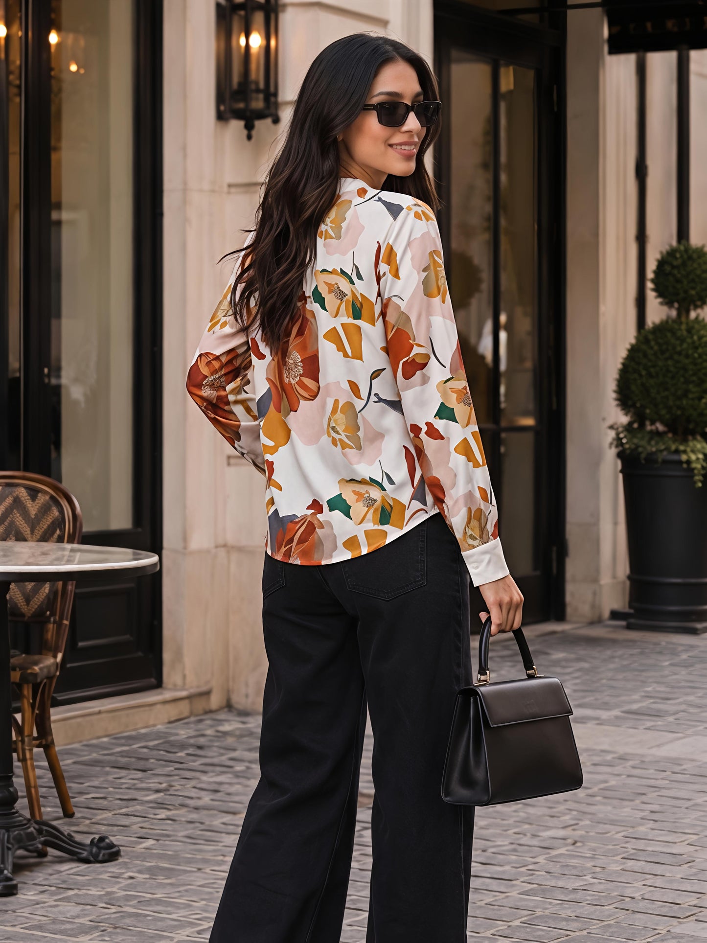 White Floral Printed V Neck Long Sleeve Casual Office Top