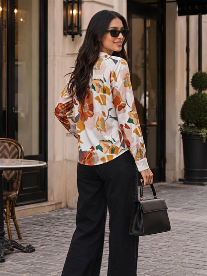 White Floral Printed V Neck Long Sleeve Casual Office Top