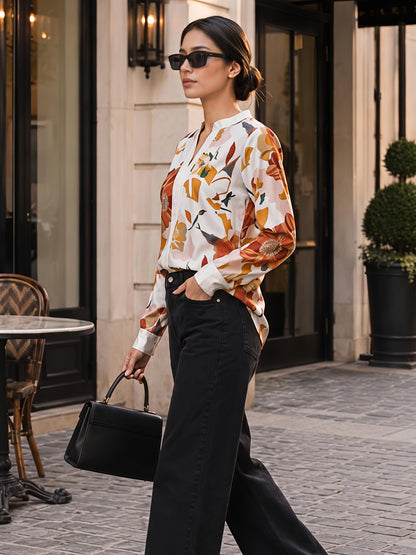 White Floral Printed V Neck Long Sleeve Casual Office Top