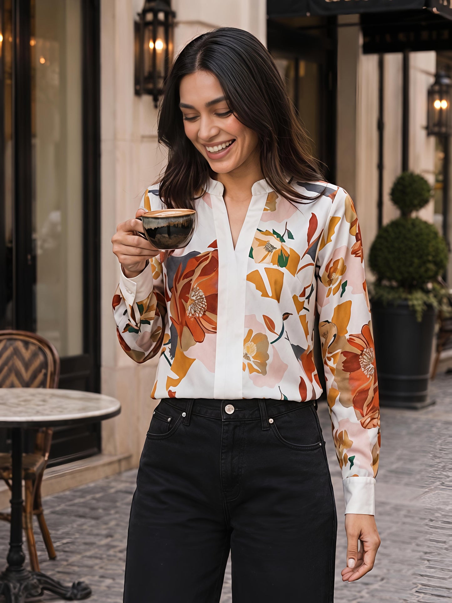 White Floral Printed V Neck Long Sleeve Casual Office Top