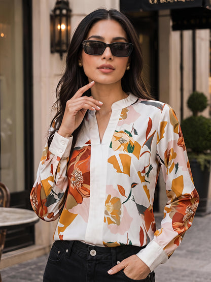White Floral Printed V Neck Long Sleeve Casual Office Top