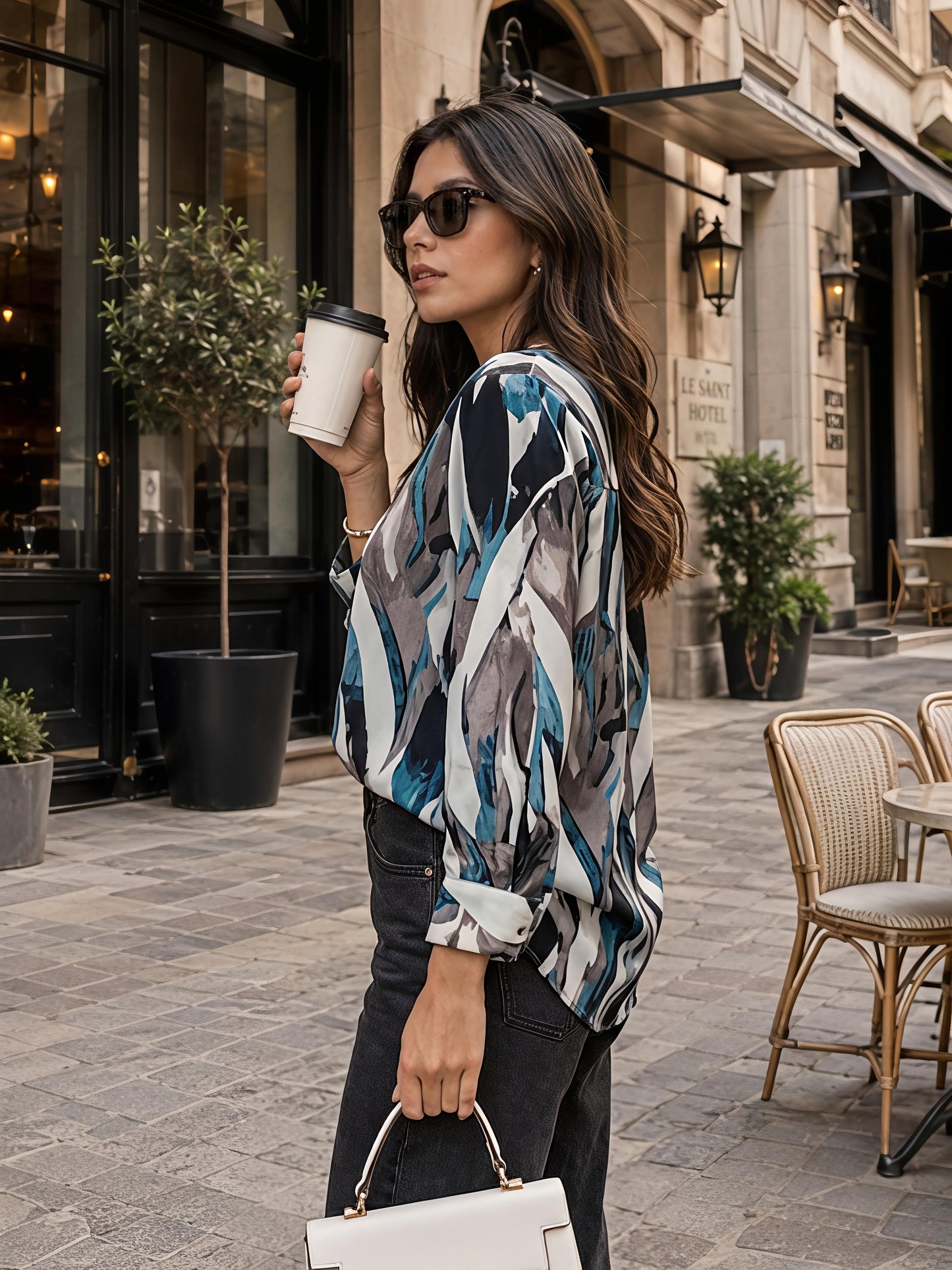 Multicolor Floral Printed V Neck Long Sleeve Casual Top