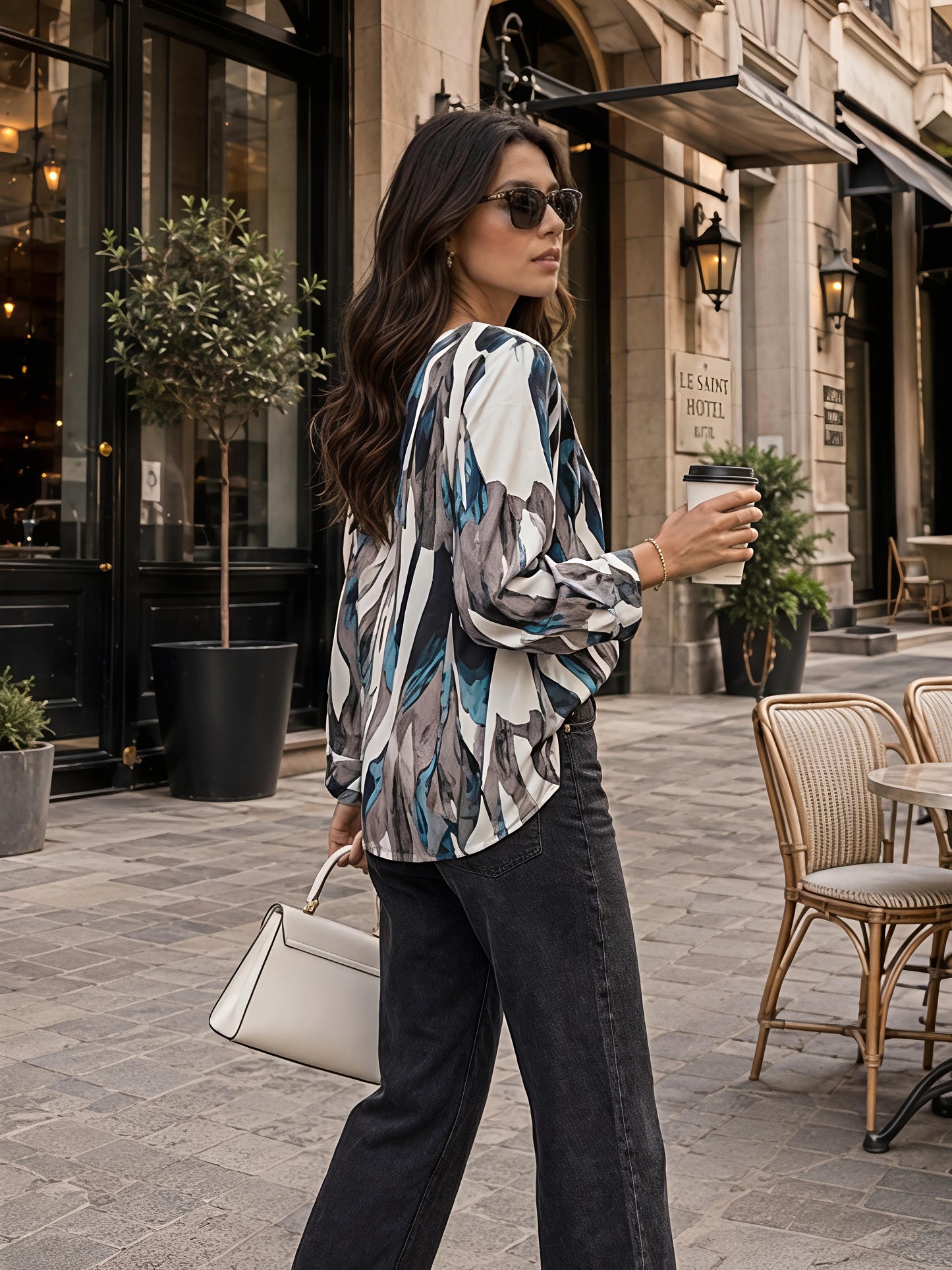 Multicolor Floral Printed V Neck Long Sleeve Casual Top