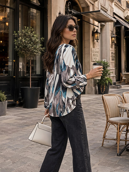 Multicolor Floral Printed V Neck Long Sleeve Casual Top
