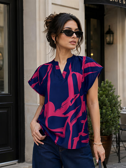 Pink & Blue Floral Printed V Neck Short Sleeve Casual Top