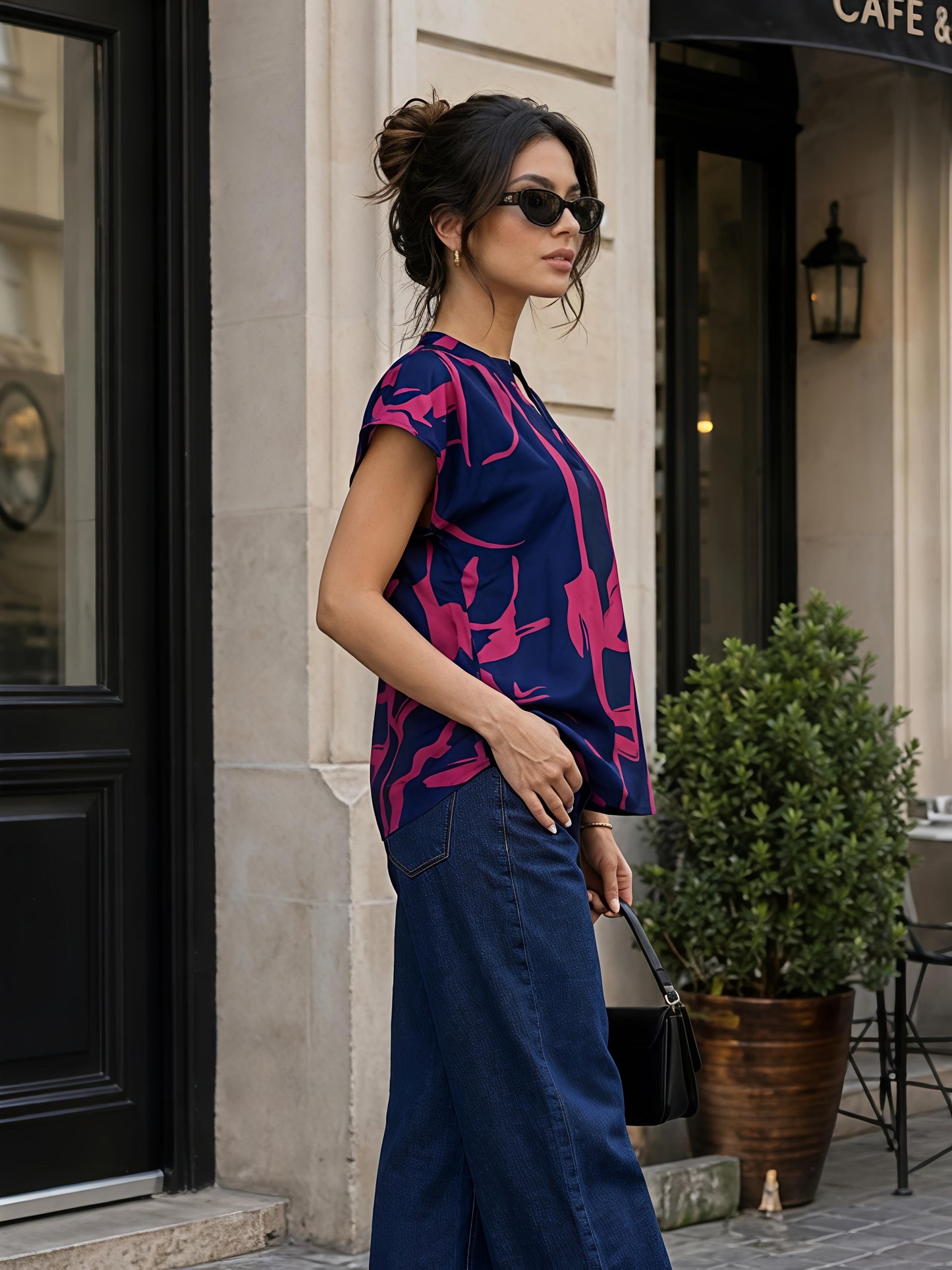 Pink & Blue Floral Printed V Neck Short Sleeve Casual Top