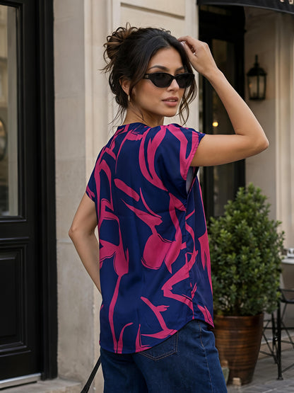 Pink & Blue Floral Printed V Neck Short Sleeve Casual Top