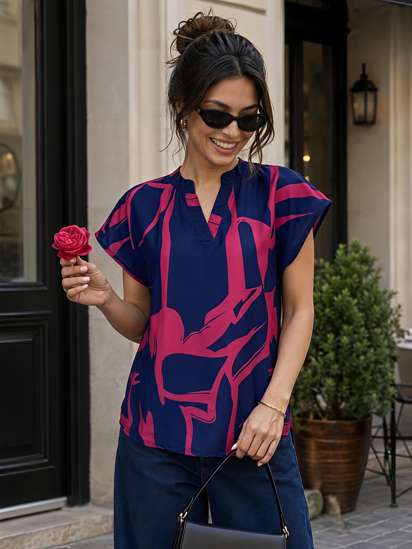 Pink & Blue Floral Printed V Neck Short Sleeve Casual Top