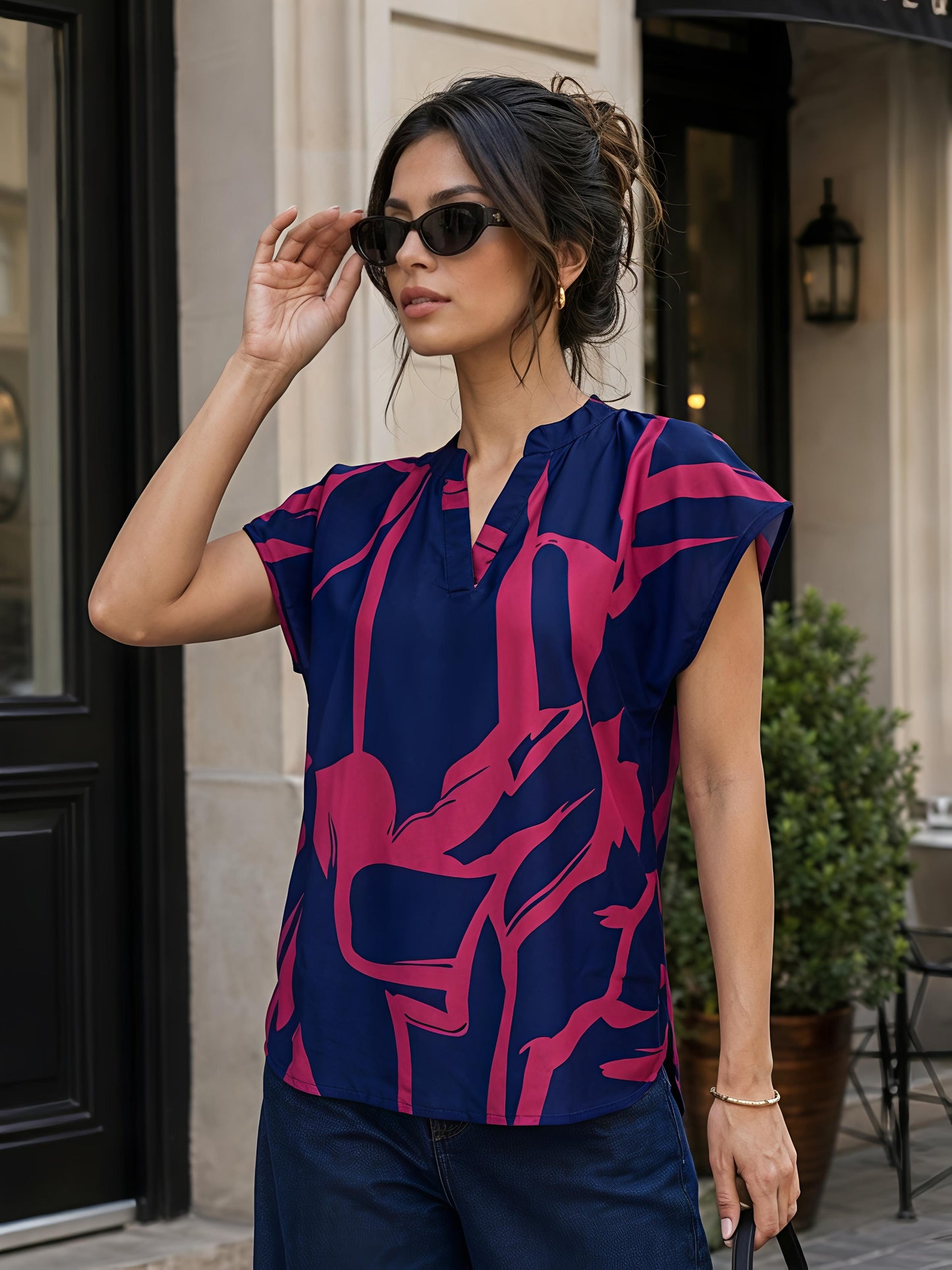 Pink & Blue Floral Printed V Neck Short Sleeve Casual Top