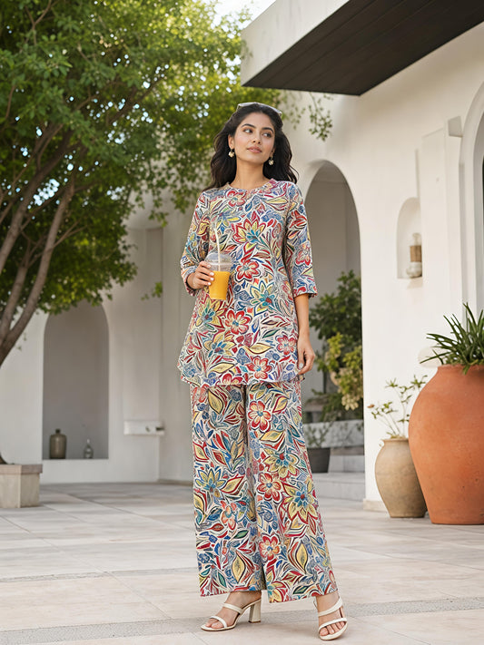 Multicolor Floral Printed Polyester Casual Stylish Co-Ord Set