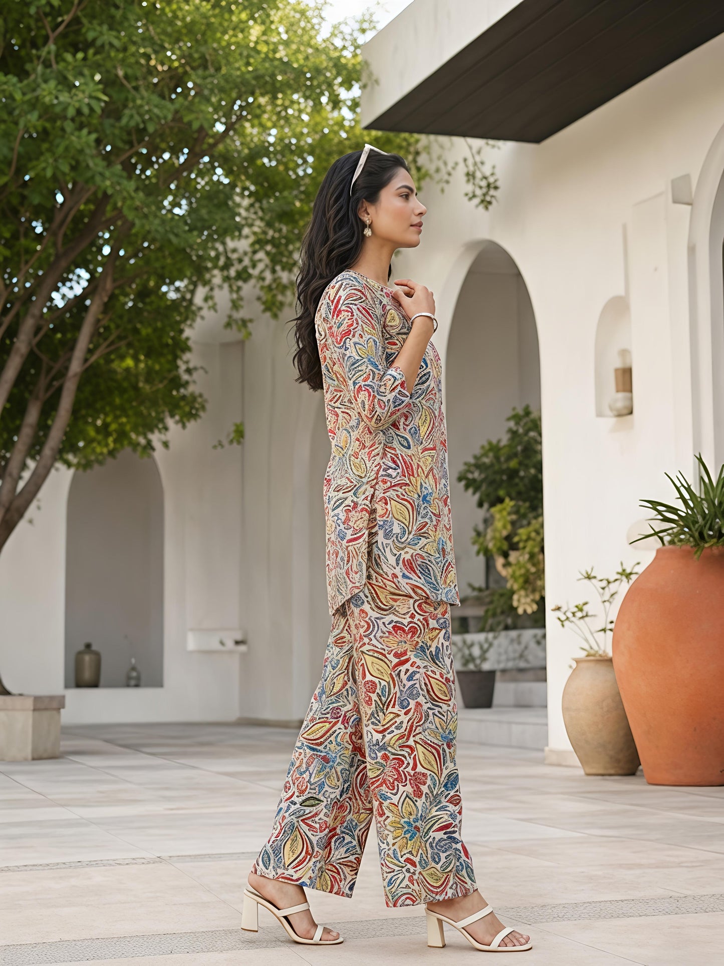 Multicolor Floral Printed Polyester Casual Stylish Co-Ord Set