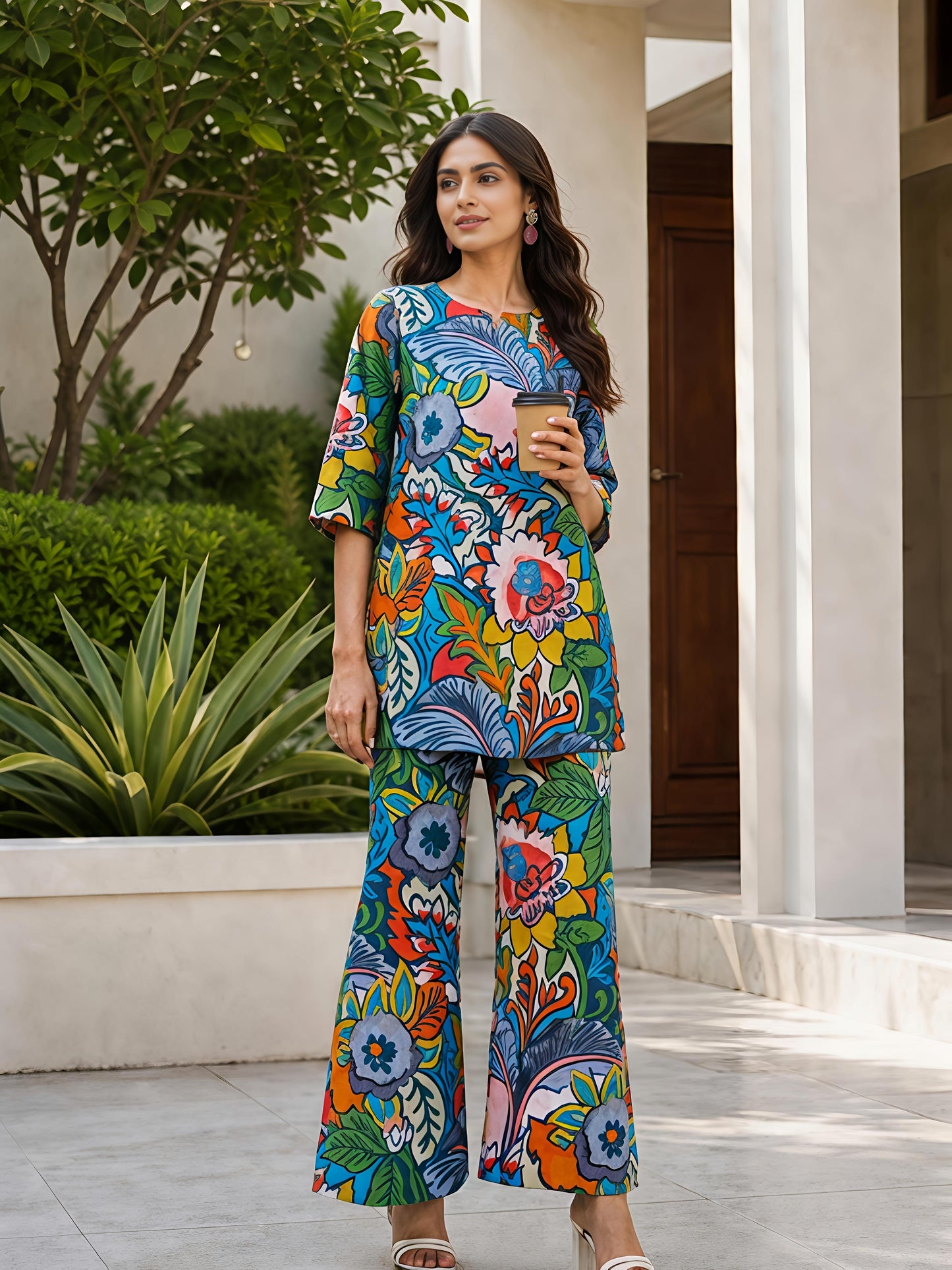 Green Floral Printed Polyester Casual Stylish Co-Ord Set