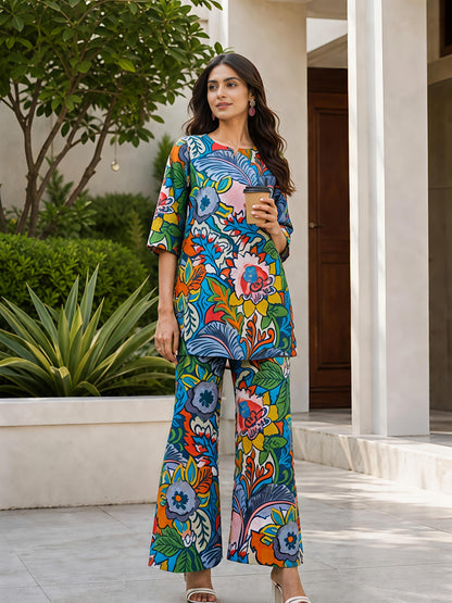 Green Floral Printed Polyester Casual Stylish Co-Ord Set