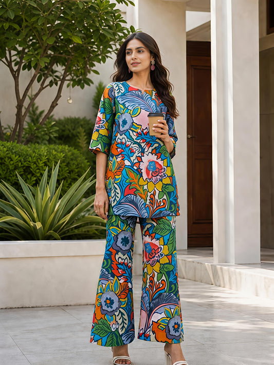 Green Floral Printed Polyester Casual Stylish Co-Ord Set
