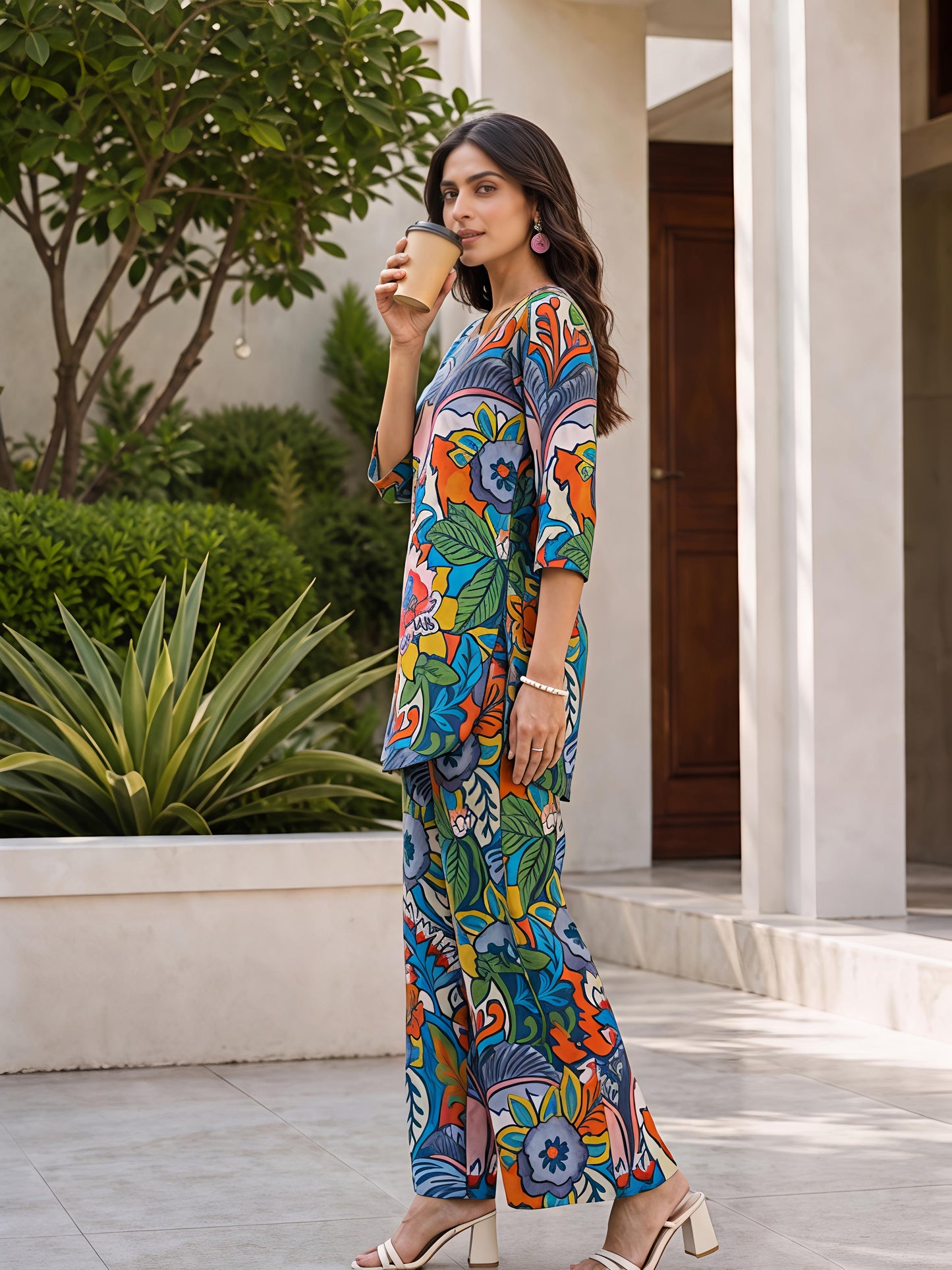 Green Floral Printed Polyester Casual Stylish Co-Ord Set