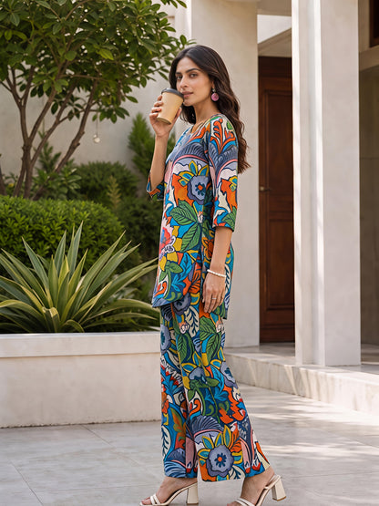 Green Floral Printed Polyester Casual Stylish Co-Ord Set