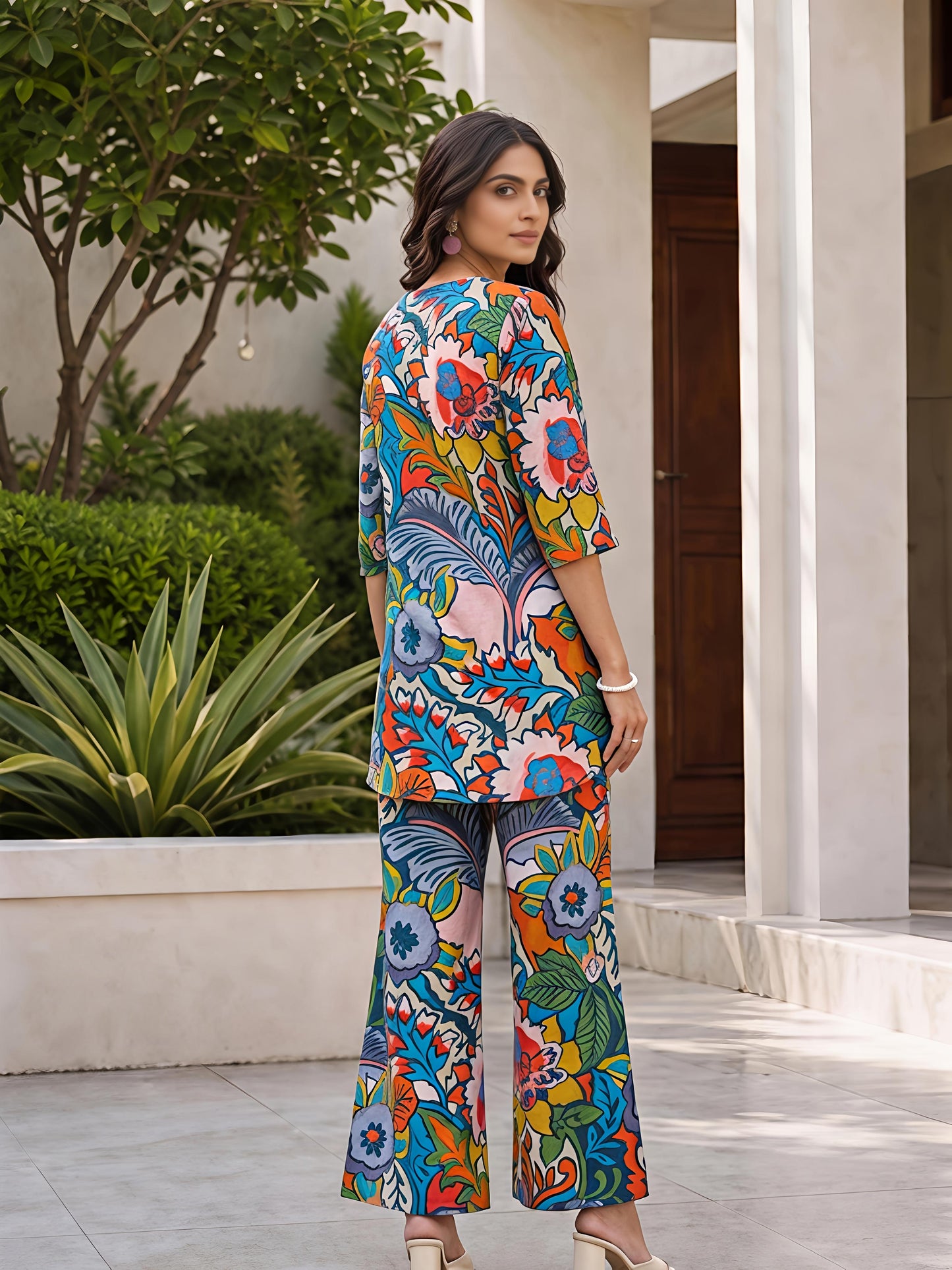 Green Floral Printed Polyester Casual Stylish Co-Ord Set
