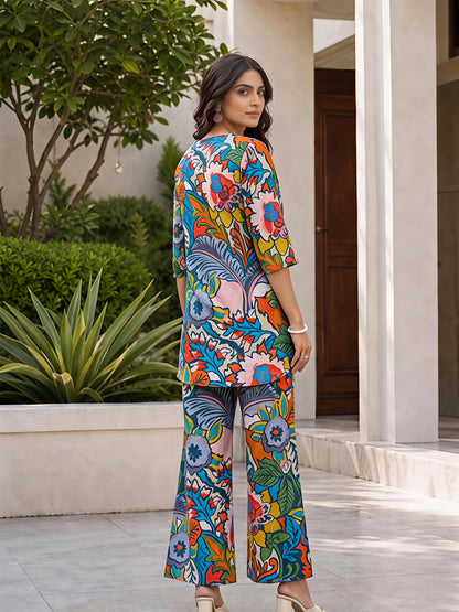 Green Floral Printed Polyester Casual Stylish Co-Ord Set