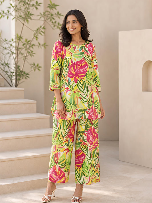 Green Floral Printed Polyester Casual Stylish Daily Co-Ord Set