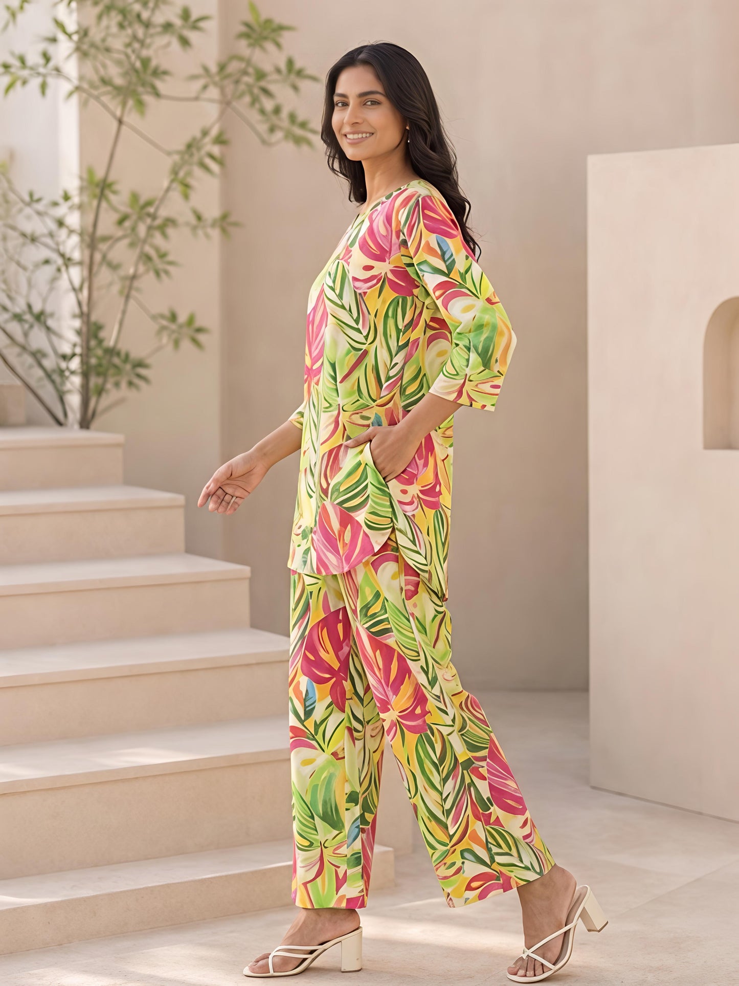 Green Floral Printed Polyester Casual Stylish Daily Co-Ord Set