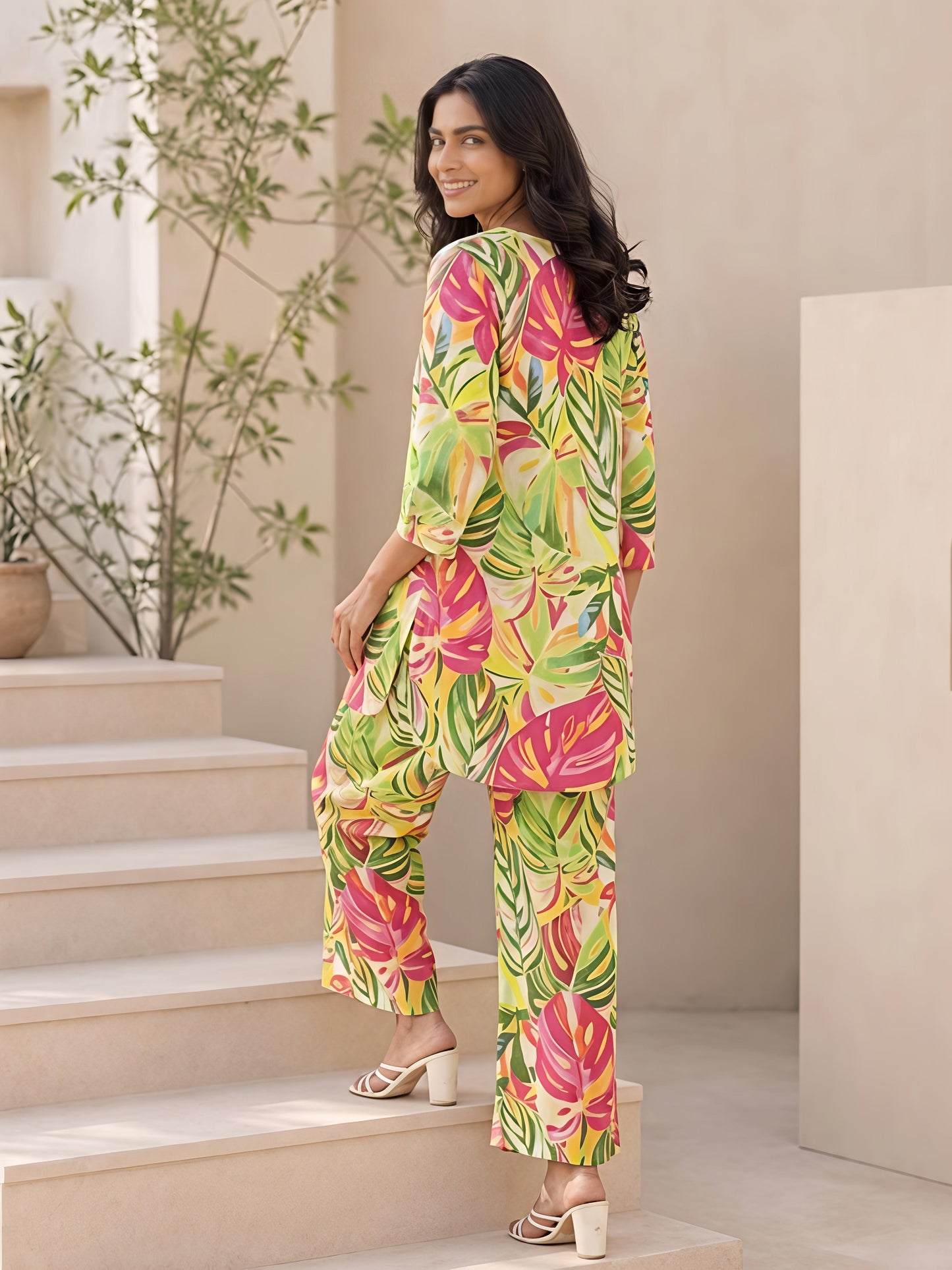 Green Floral Printed Polyester Casual Stylish Daily Co-Ord Set
