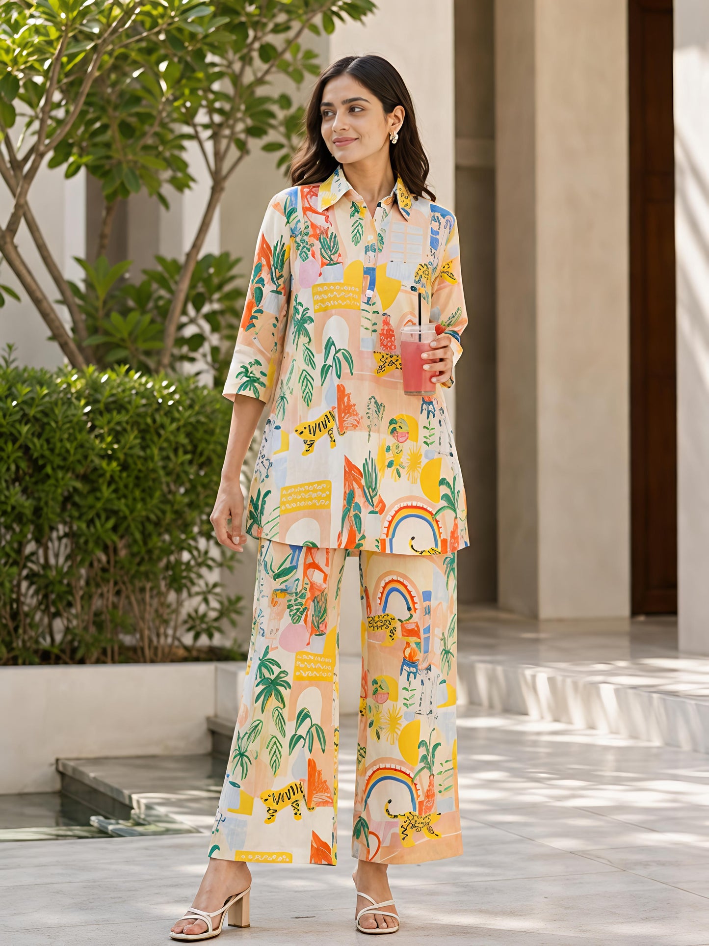 Beige Floral Printed Polyester Collar Neck Casual Co-Ord Set