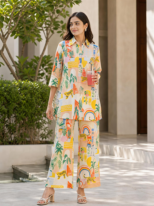Beige Floral Printed Polyester Collar Neck Casual Co-Ord Set