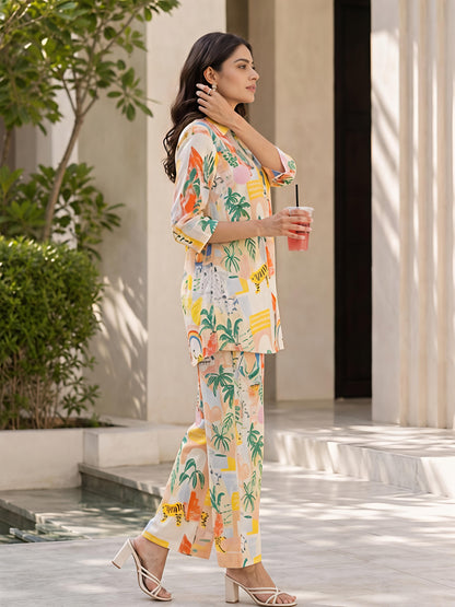 Beige Floral Printed Polyester Collar Neck Casual Co-Ord Set
