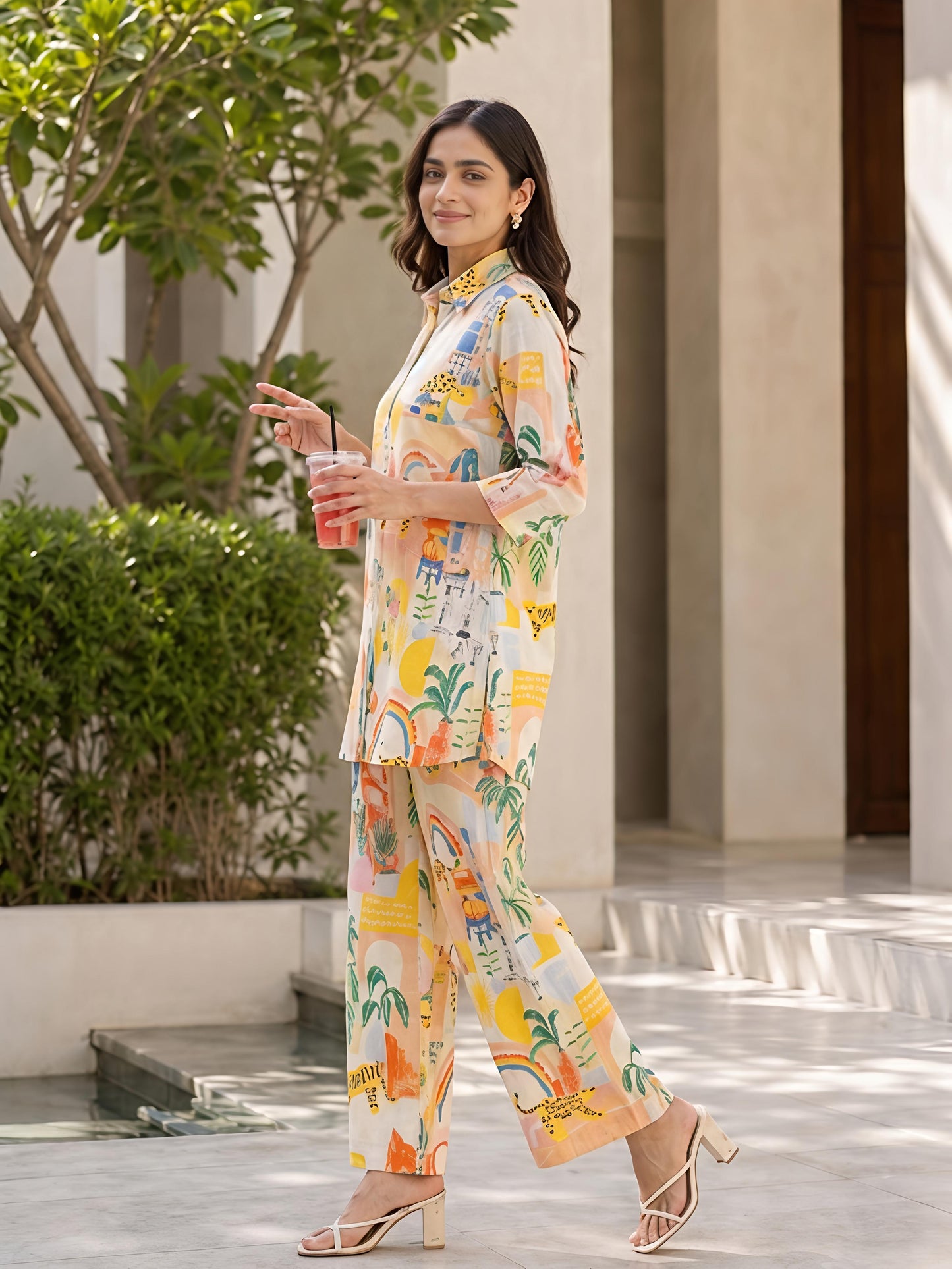Beige Floral Printed Polyester Collar Neck Casual Co-Ord Set