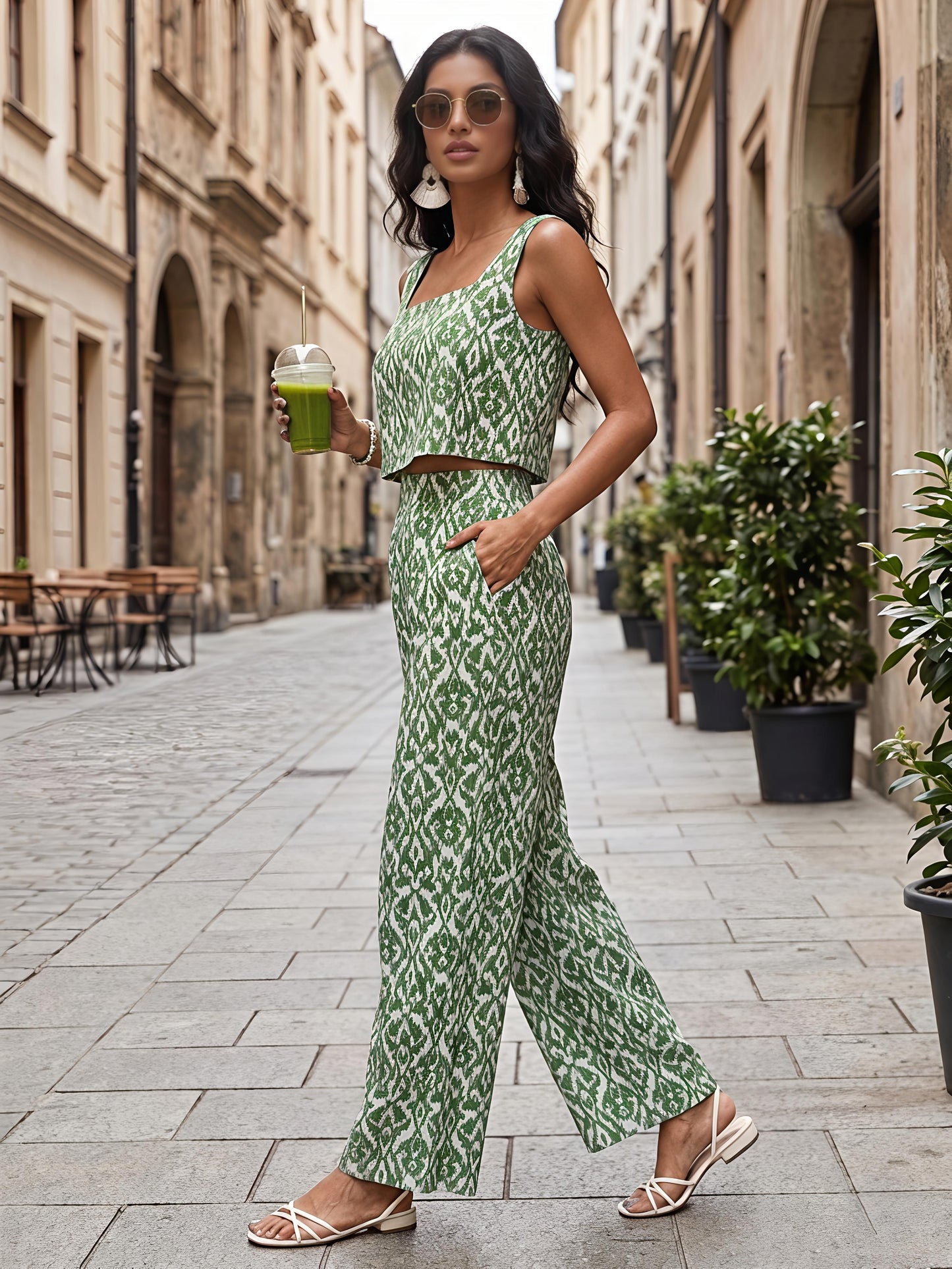 Green Printed Polyester Off Shoulder Ruffle Casual Co-Ord Set
