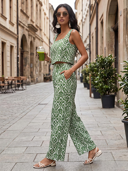 Green Printed Polyester Off Shoulder Ruffle Casual Co-Ord Set