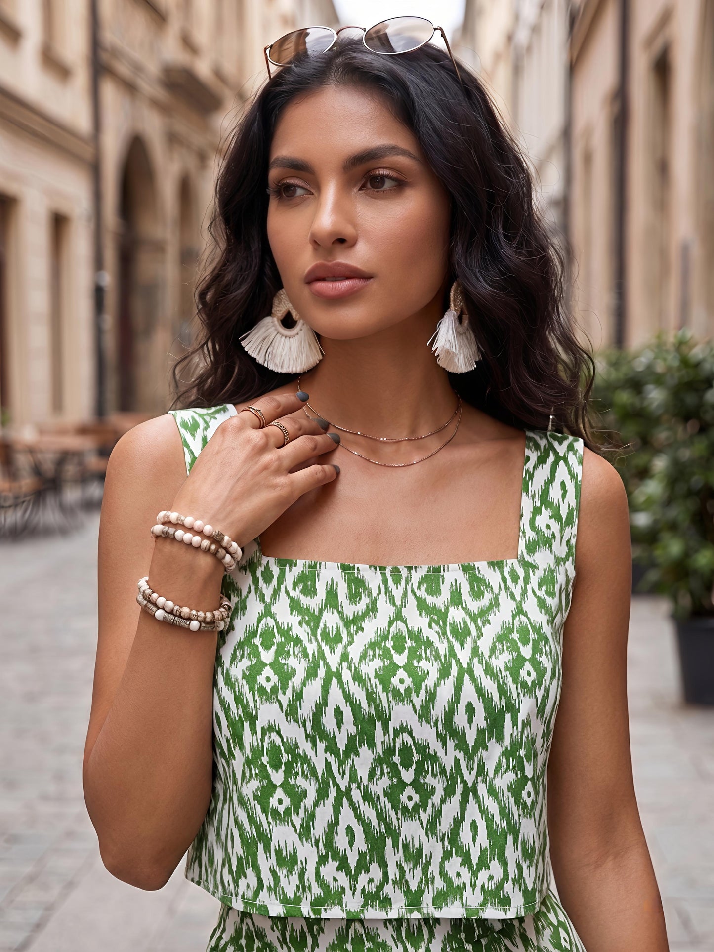 Green Printed Polyester Off Shoulder Ruffle Casual Co-Ord Set
