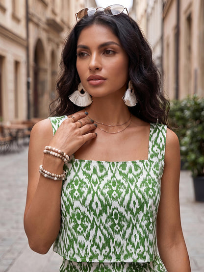 Green Printed Polyester Off Shoulder Ruffle Casual Co-Ord Set
