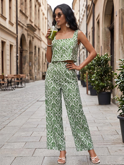 Green Printed Polyester Off Shoulder Ruffle Casual Co-Ord Set