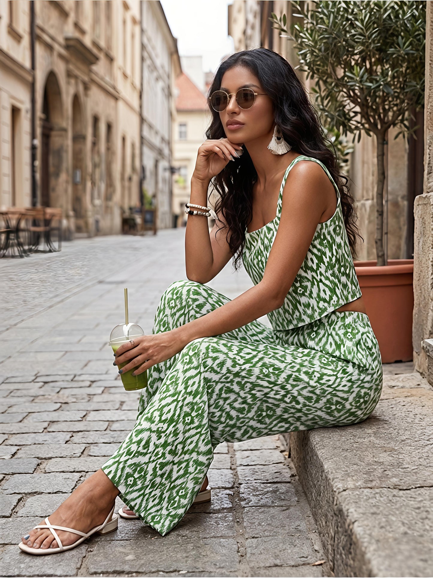 Green Printed Polyester Off Shoulder Ruffle Casual Co-Ord Set