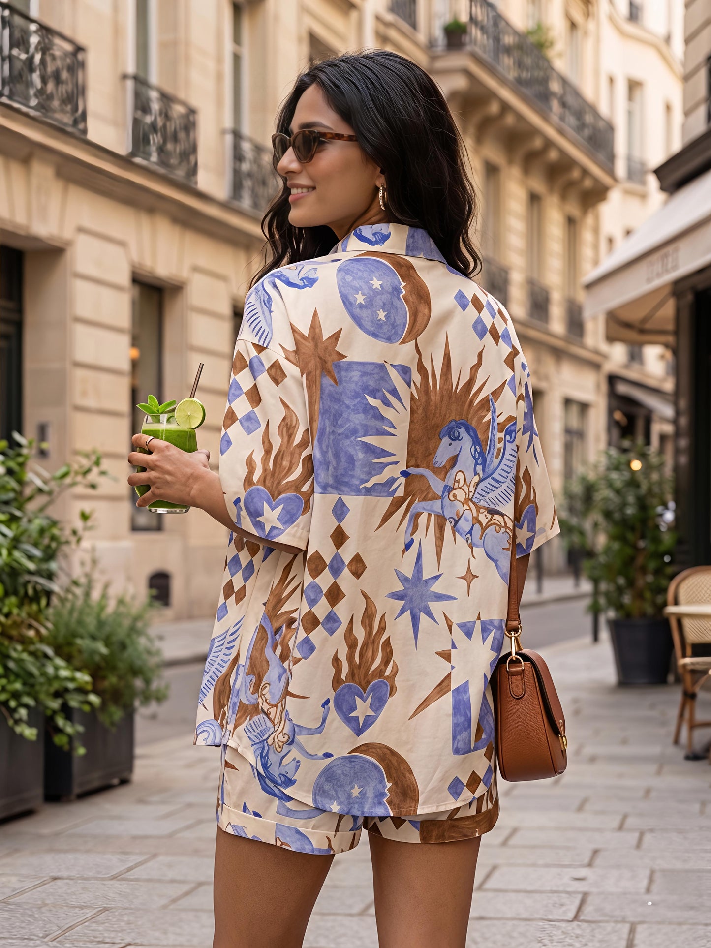 Beige Printed Polyester Short Sleeve Shorts Casual Co-Ord Set
